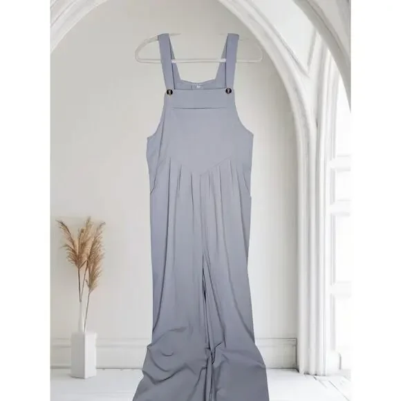 Women's Palazzo Overall Jumpsuit Romper L Beige Tan Neutral Color Big Bib Pocket - Picture 2 of 11